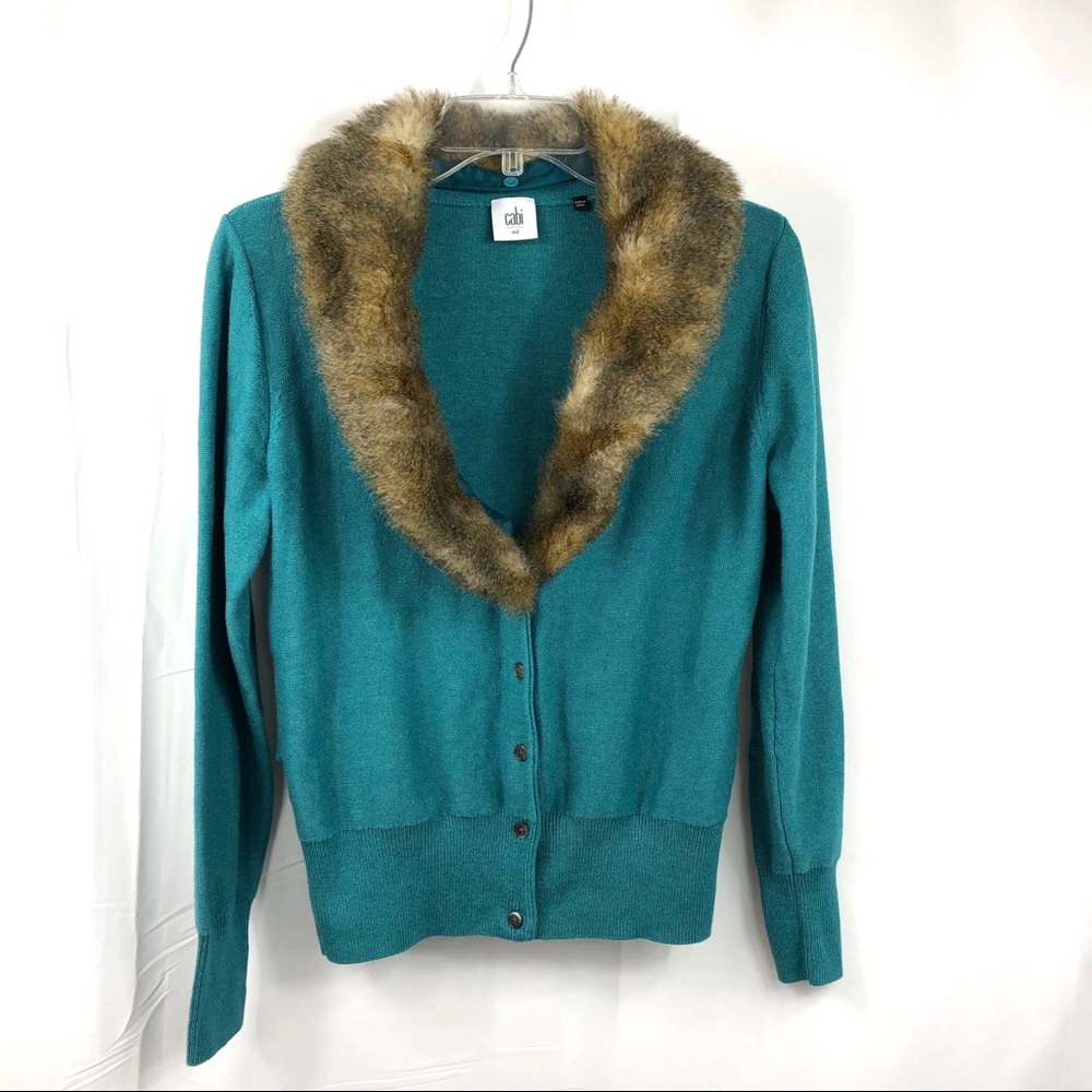 Cabi Tearoom Button Cardigan Faux Fur Collar  M